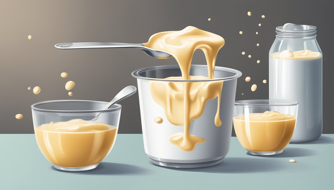 A can of condensed milk sits open on a kitchen counter, surrounded by measuring cups and spoons. The creamy liquid pours out into a mixing bowl