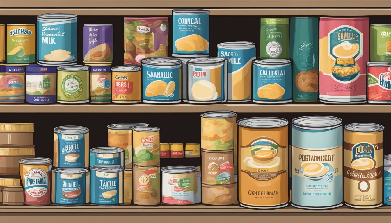 A can of condensed milk sits on a shelf, surrounded by other canned goods. The label indicates the number of ounces