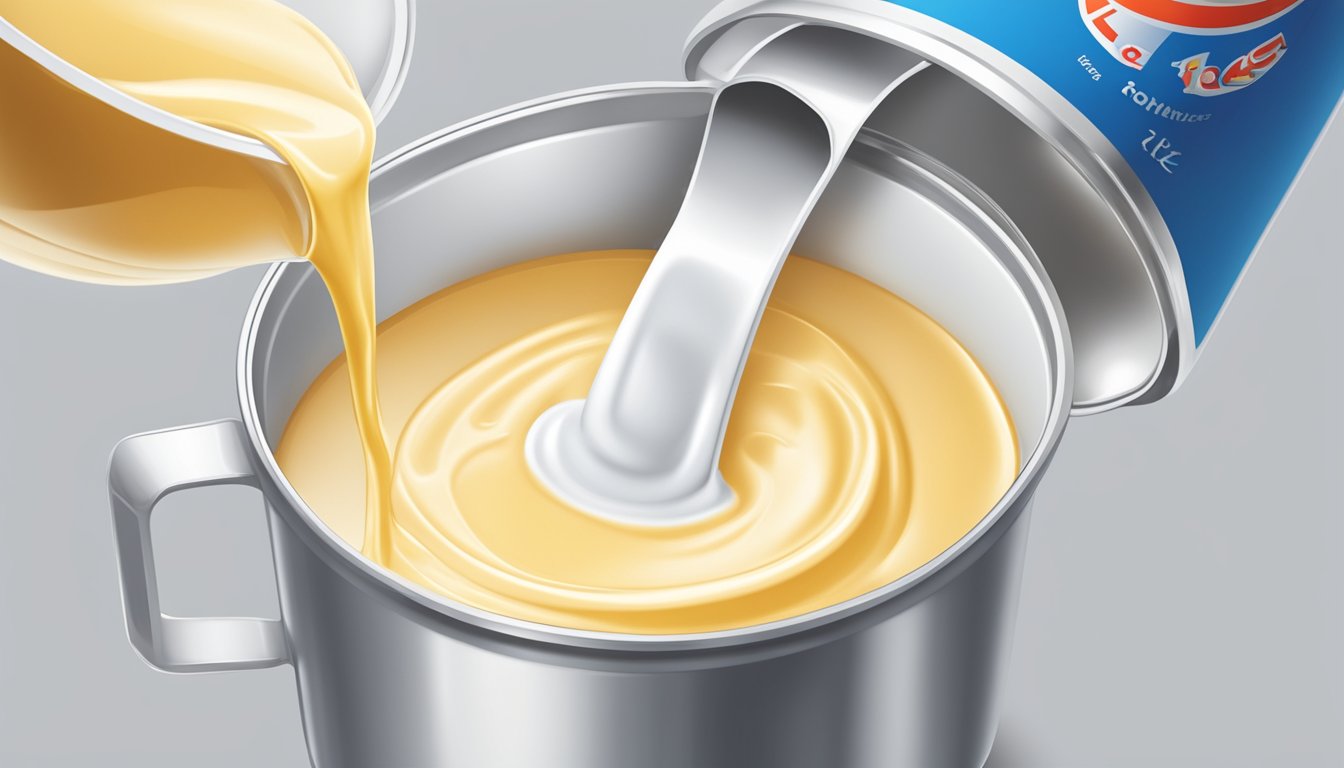 A can of condensed milk pouring out into a measuring cup, showing the ounces