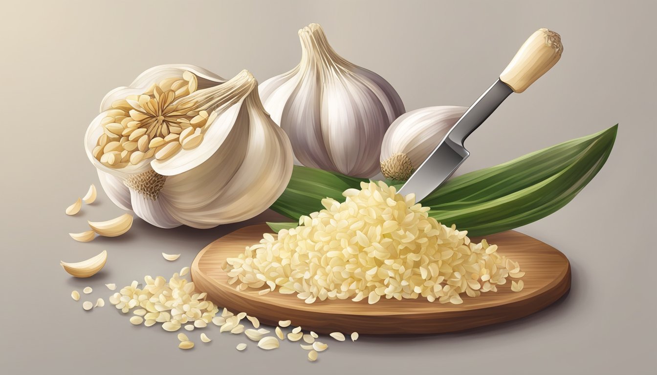 A clove of garlic being minced with a knife, with the resulting minced garlic measured in tablespoons