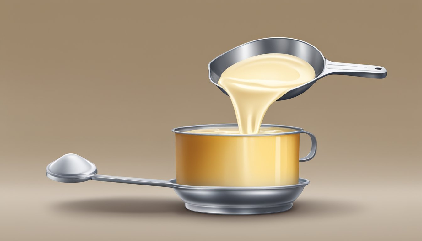 A can of condensed milk pouring into a measuring cup, showing 14 ounces