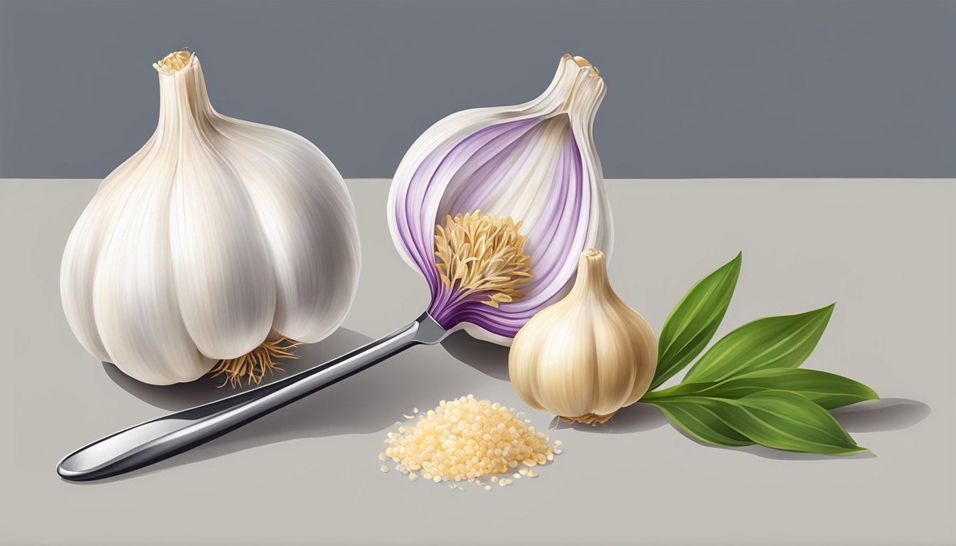 A garlic bulb with a single clove next to a measuring spoon