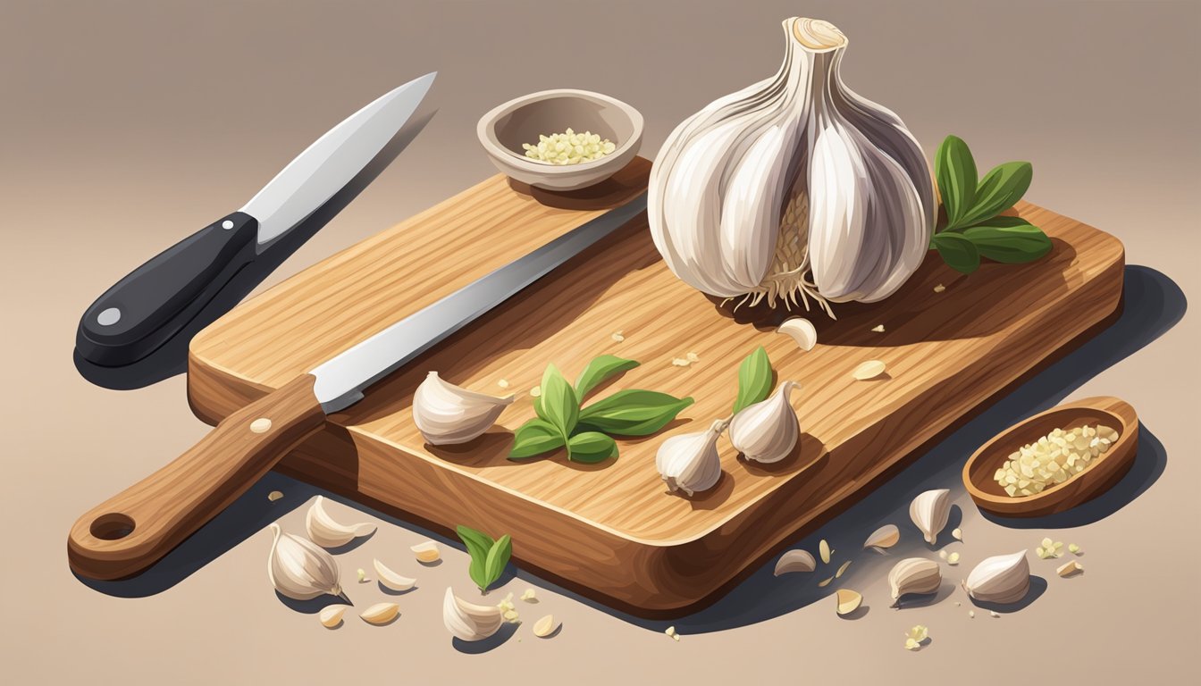 A clove of garlic being chopped into small pieces with a knife on a wooden cutting board, with a measuring spoon nearby