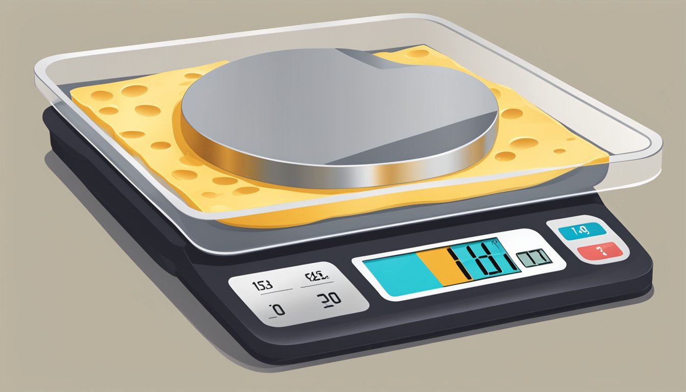 A slice of cheese on a digital scale displaying the weight in ounces