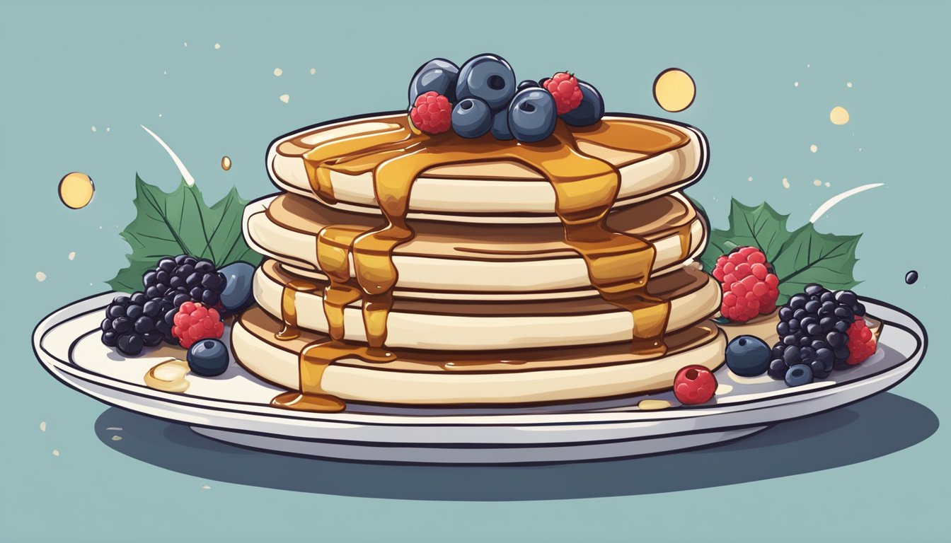 A hand pouring maple syrup and sprinkling berries on a stack of pancakes