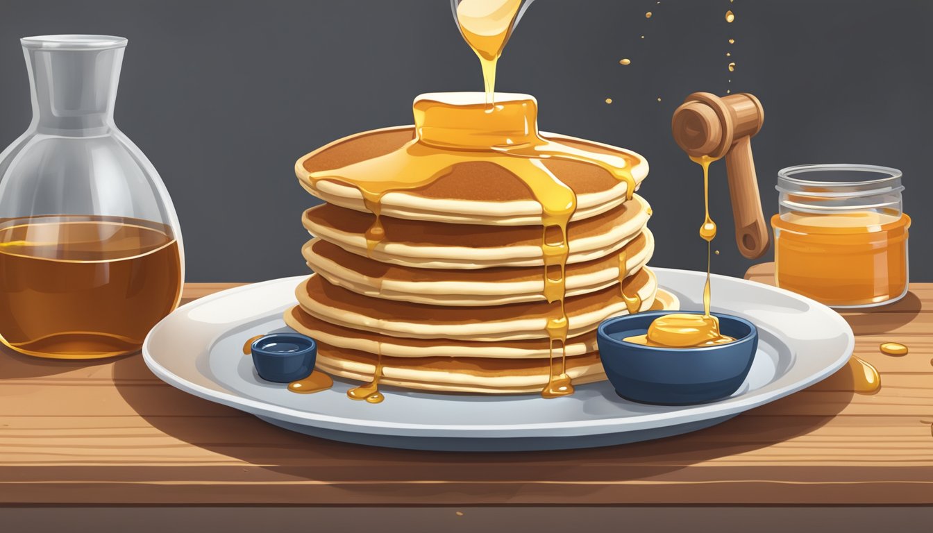 A measuring cup pouring out a precise amount of maple syrup onto a stack of freshly made pancakes