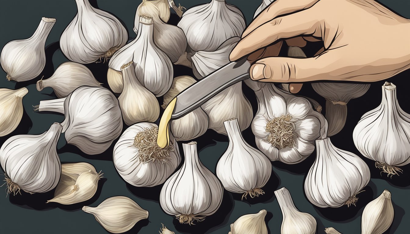 A hand reaching for a bunch of garlic bulbs, with a measuring spoon nearby