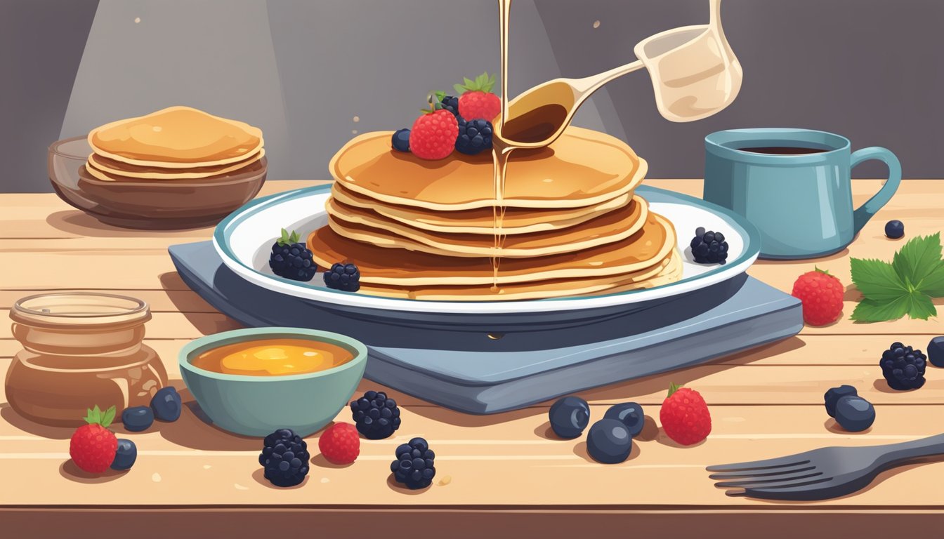 A hand pouring maple syrup and sprinkling fresh berries onto a stack of homemade pancakes