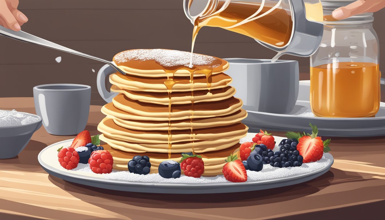 A measuring cup pouring maple syrup over a stack of pancakes, with a bowl of fresh berries and a jar of powdered sugar nearby