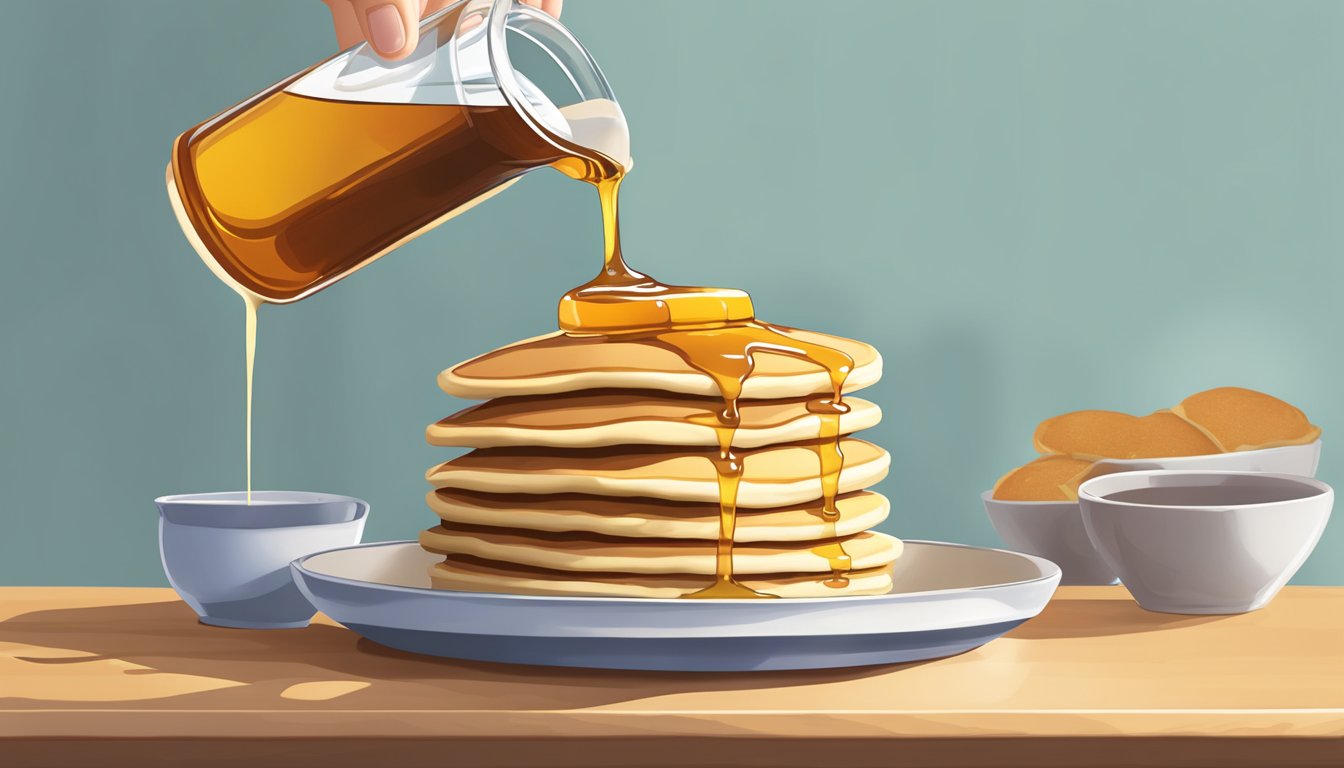 A measuring cup pouring maple syrup over a stack of pancakes