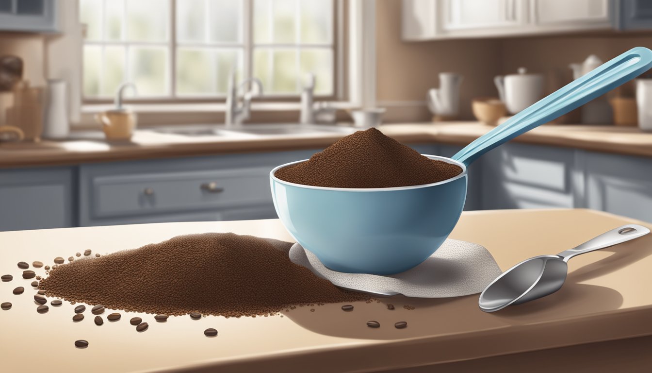 A pound of ground coffee spilling out of a measuring cup onto a kitchen counter