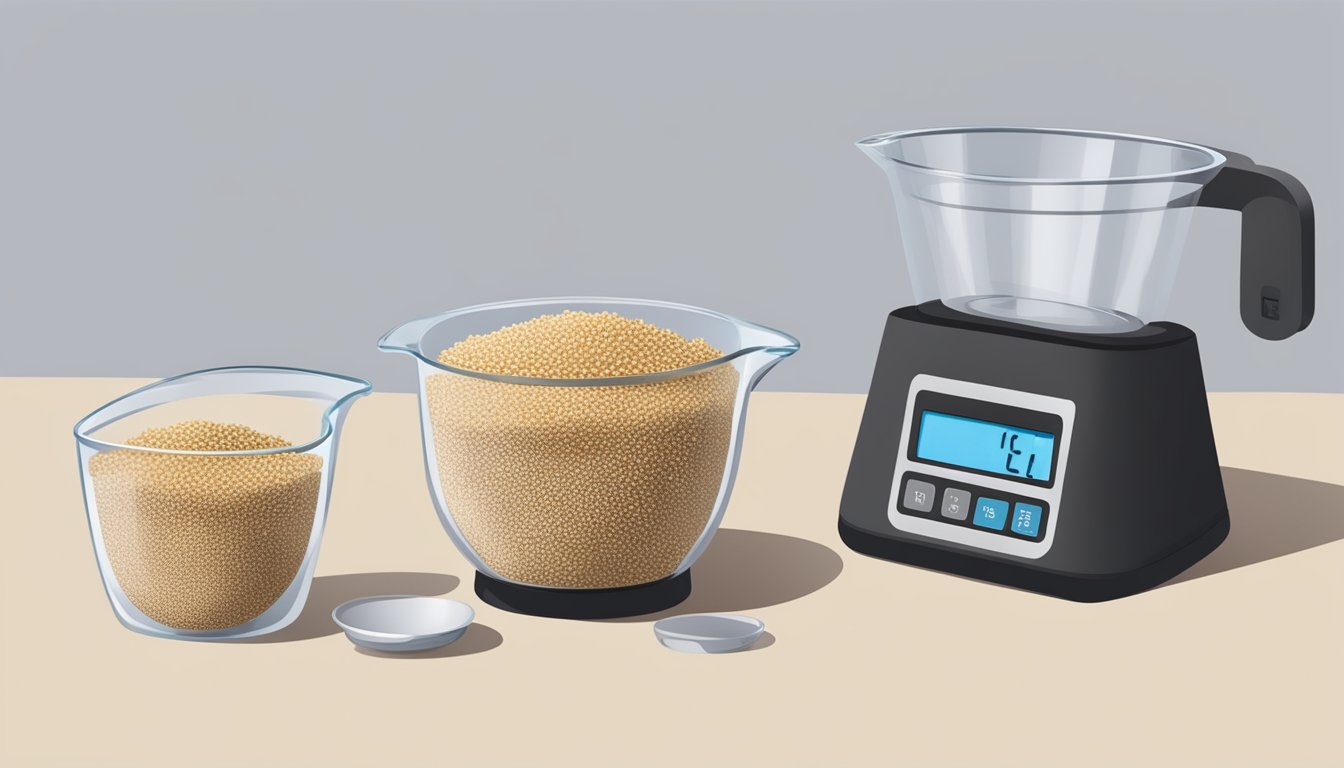 A clear measuring cup filled with quinoa grains, alongside a digital scale displaying the weight in pounds