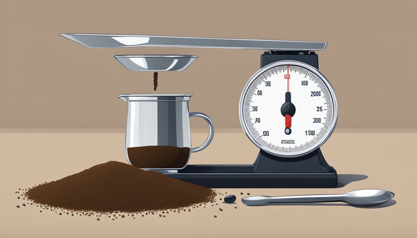 A scale with a pound of ground coffee and a measuring spoon