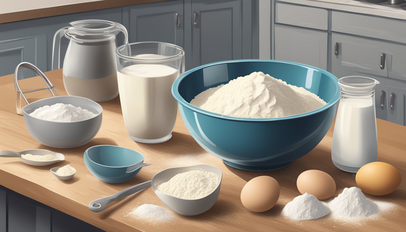 A mixing bowl with flour, eggs, milk, and a whisk on a kitchen counter, surrounded by measuring cups and spoons