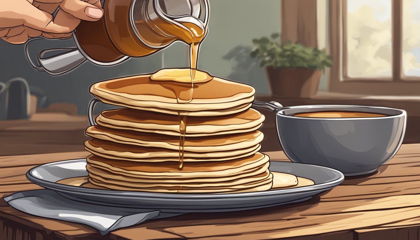 A hand pouring maple syrup from a measuring cup onto a stack of pancakes on a rustic wooden table