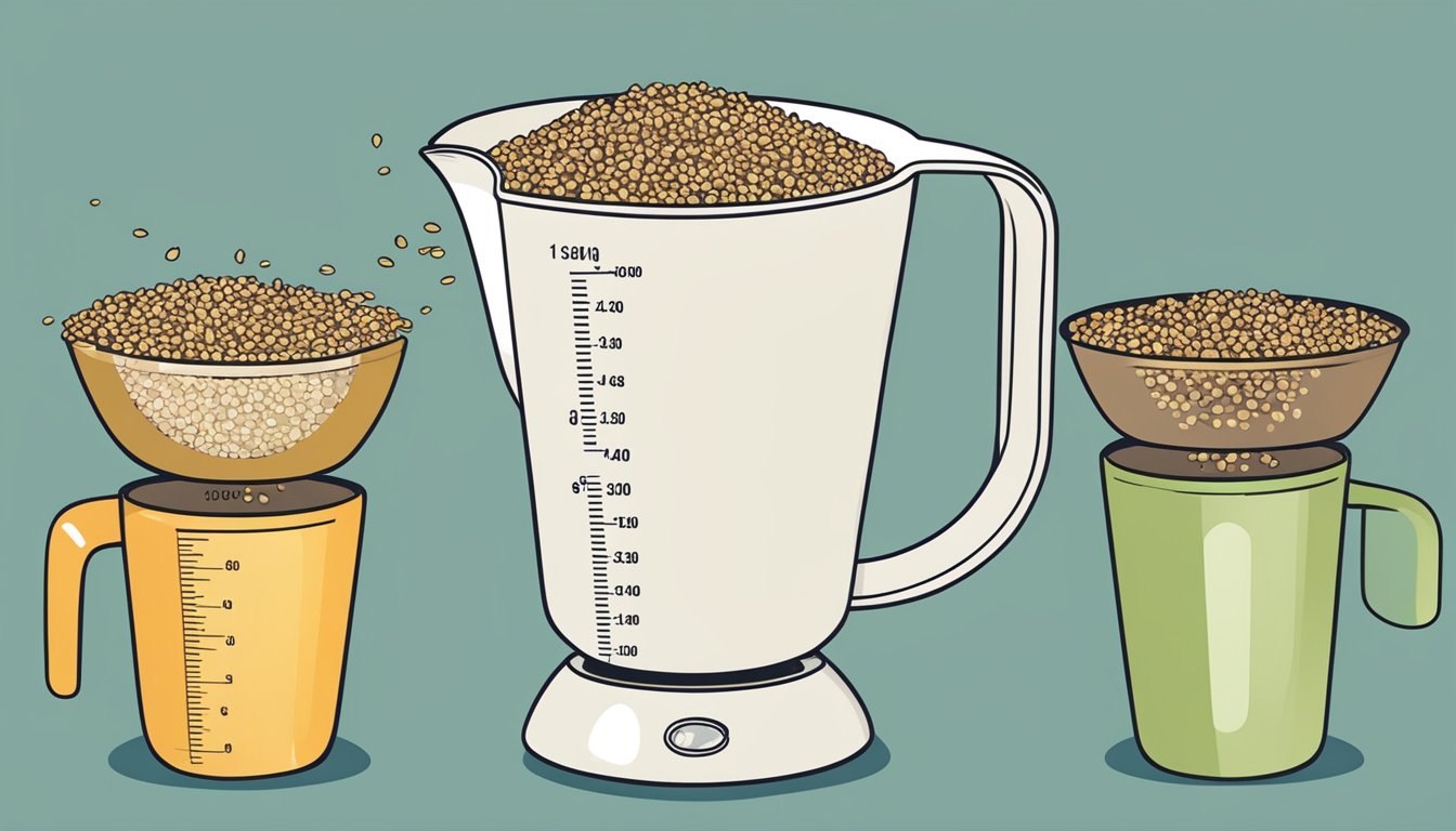 A measuring cup pouring quinoa into a scale, showing the conversion from cups to pounds