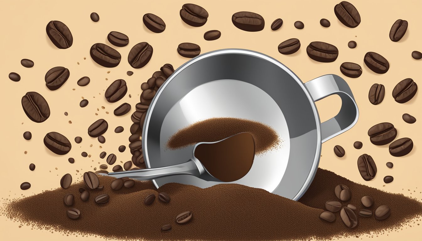 A pound of ground coffee spilling from a measuring spoon, surrounded by scattered coffee beans