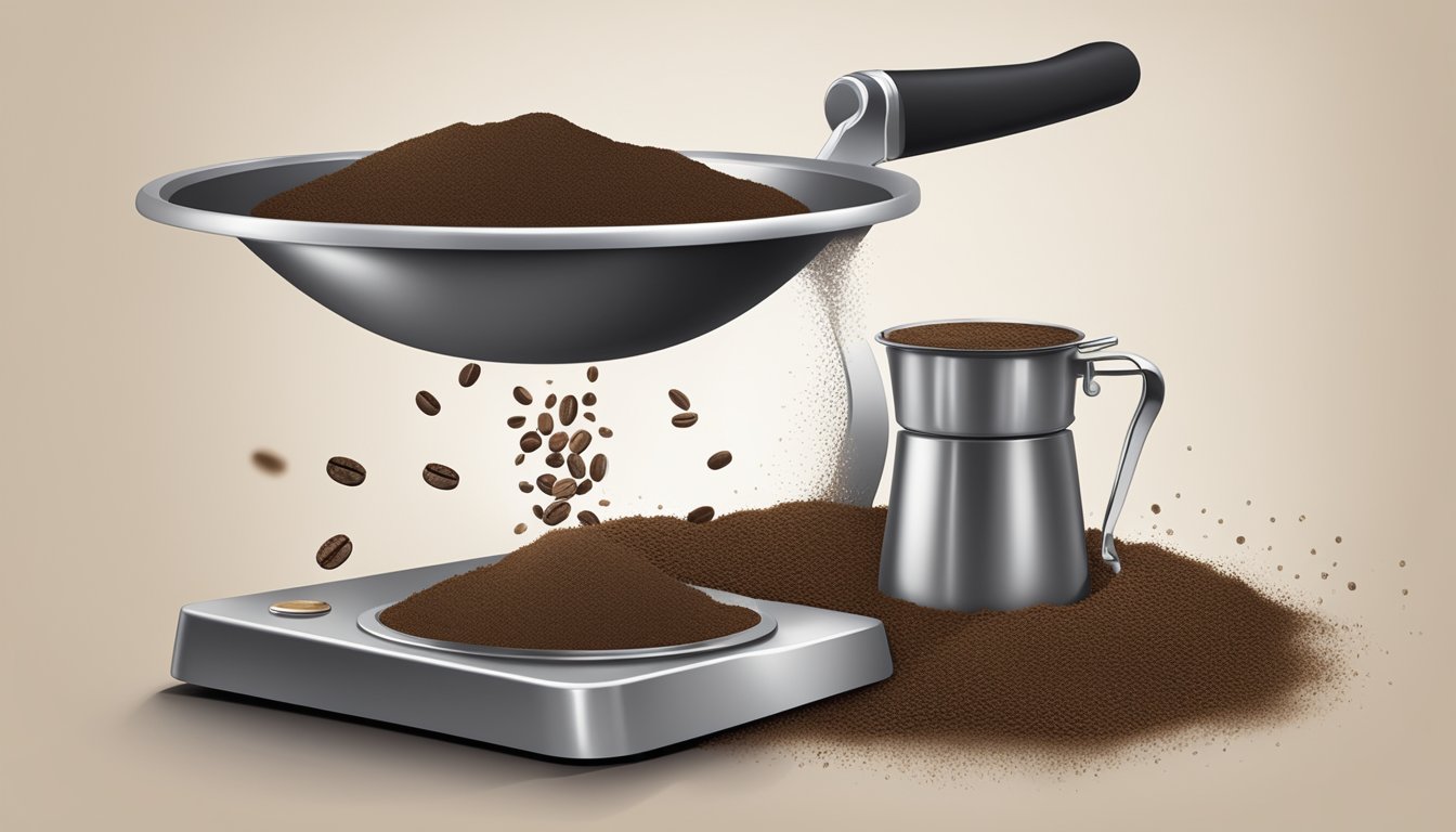 A pound of ground coffee spills from a bag onto a kitchen scale, with a measuring spoon nearby