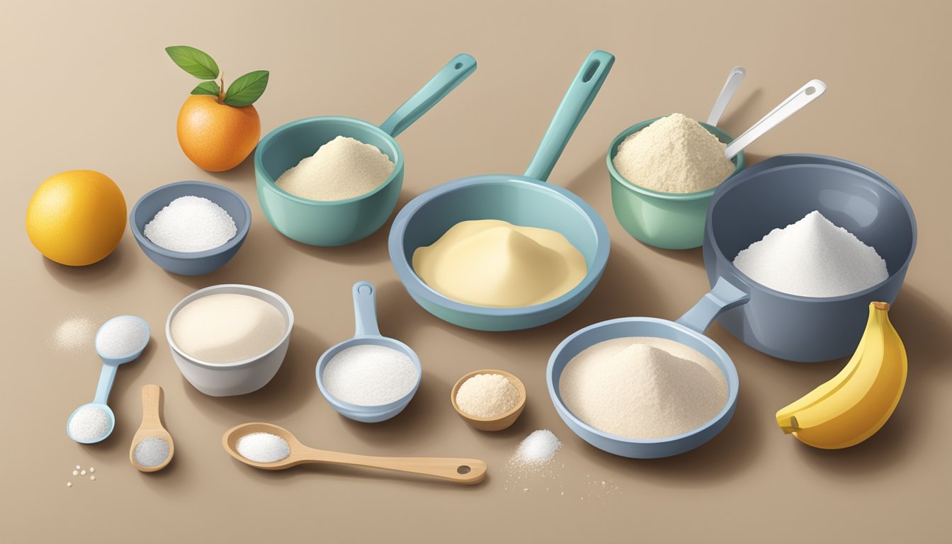 A set of measuring cups and spoons arranged neatly on a countertop, surrounded by various ingredients such as flour, sugar, and fruit for a homemade pancake topping