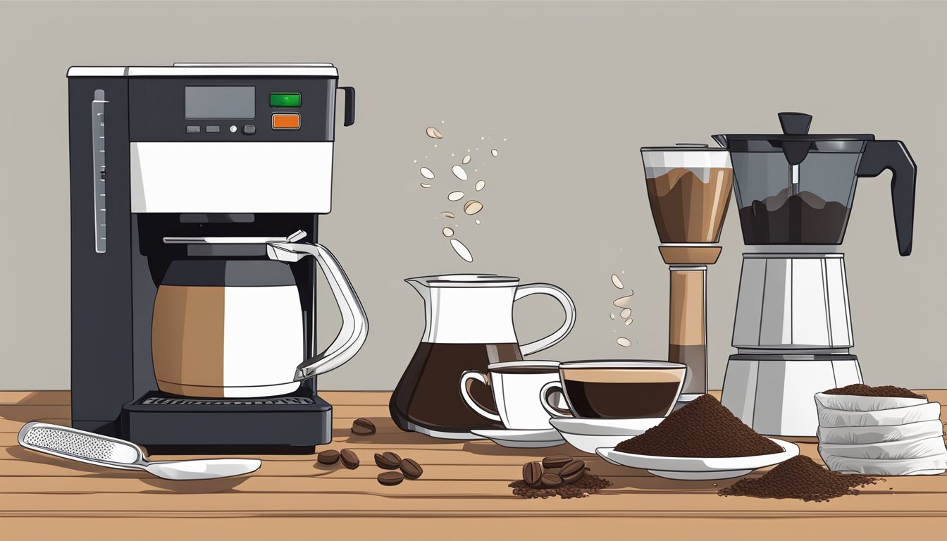 A pound of ground coffee spilling from a measuring spoon into a coffee filter next to a coffee machine and various accessories