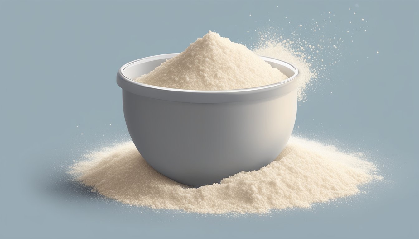 A pound of coconut flour spills out of a measuring cup, filling the surrounding space with a powdery white mound