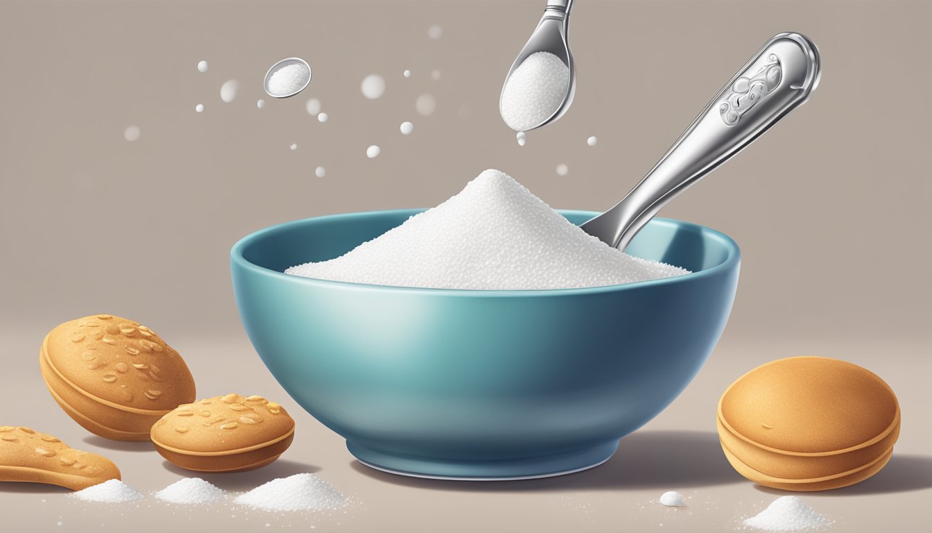 A pound of baking soda pouring into a measuring spoon, with smaller spoons lined up beside it