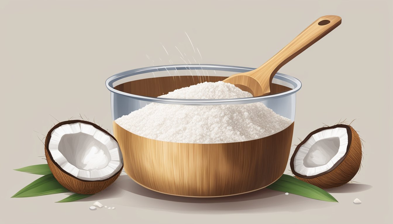 A pound of coconut flour pours into a measuring cup, filling it to the brim with fine, powdery texture