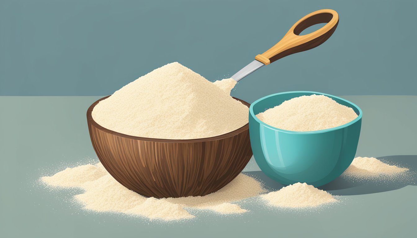 A pile of coconut flour spilling out of a measuring cup, with a tablespoon nearby for reference