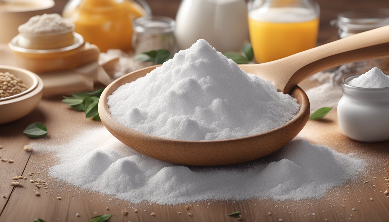 A pile of baking soda spilling out of a measuring spoon, surrounded by various baking ingredients and recipe cards