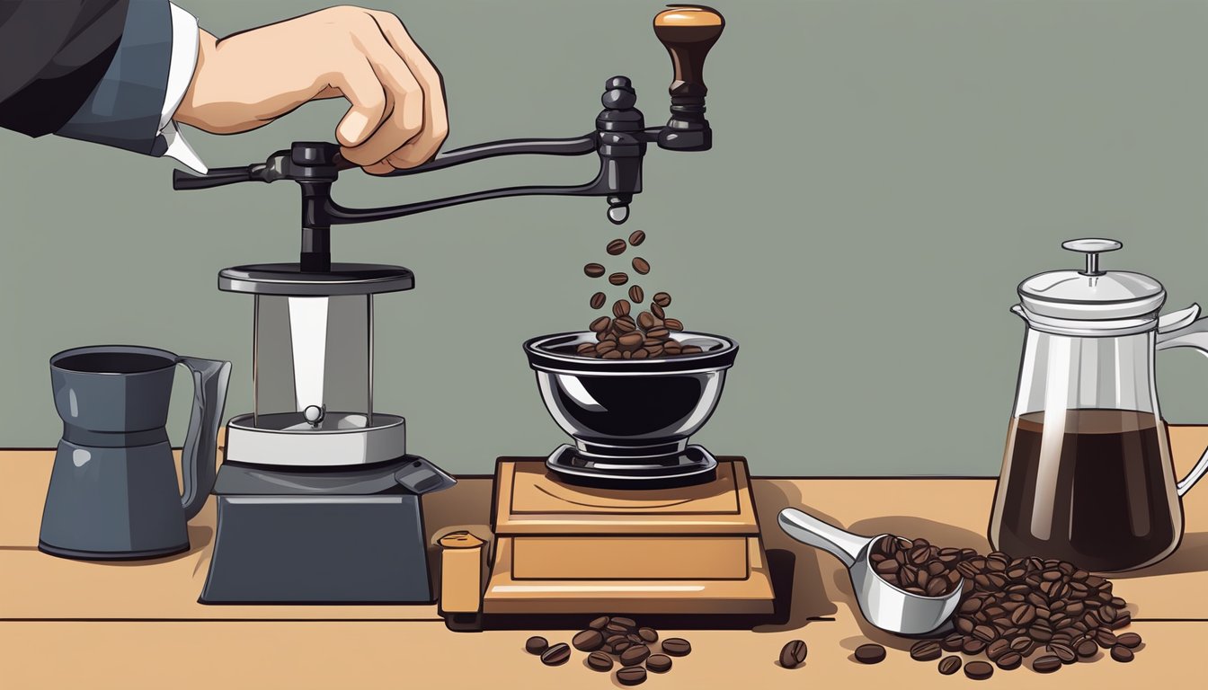 A hand holding a coffee scoop hovers over a scale, with a bag of coffee beans and a coffee grinder nearby