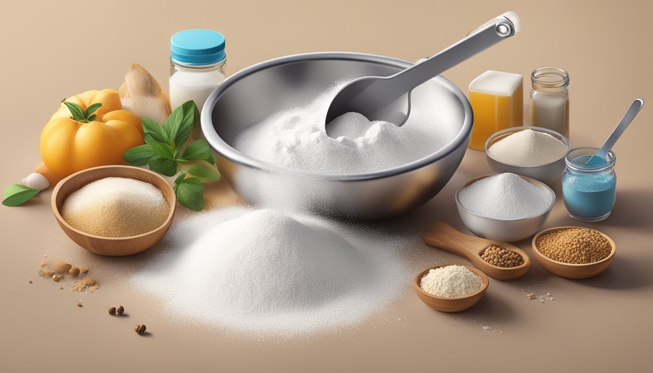 A pound of baking soda pouring into a measuring spoon, surrounded by various baking ingredients