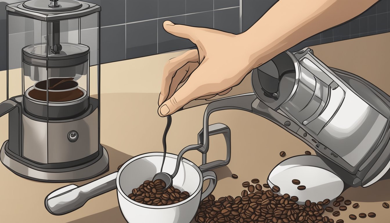 A hand reaching for a bag of coffee beans on a kitchen counter, next to a coffee grinder and a measuring spoon