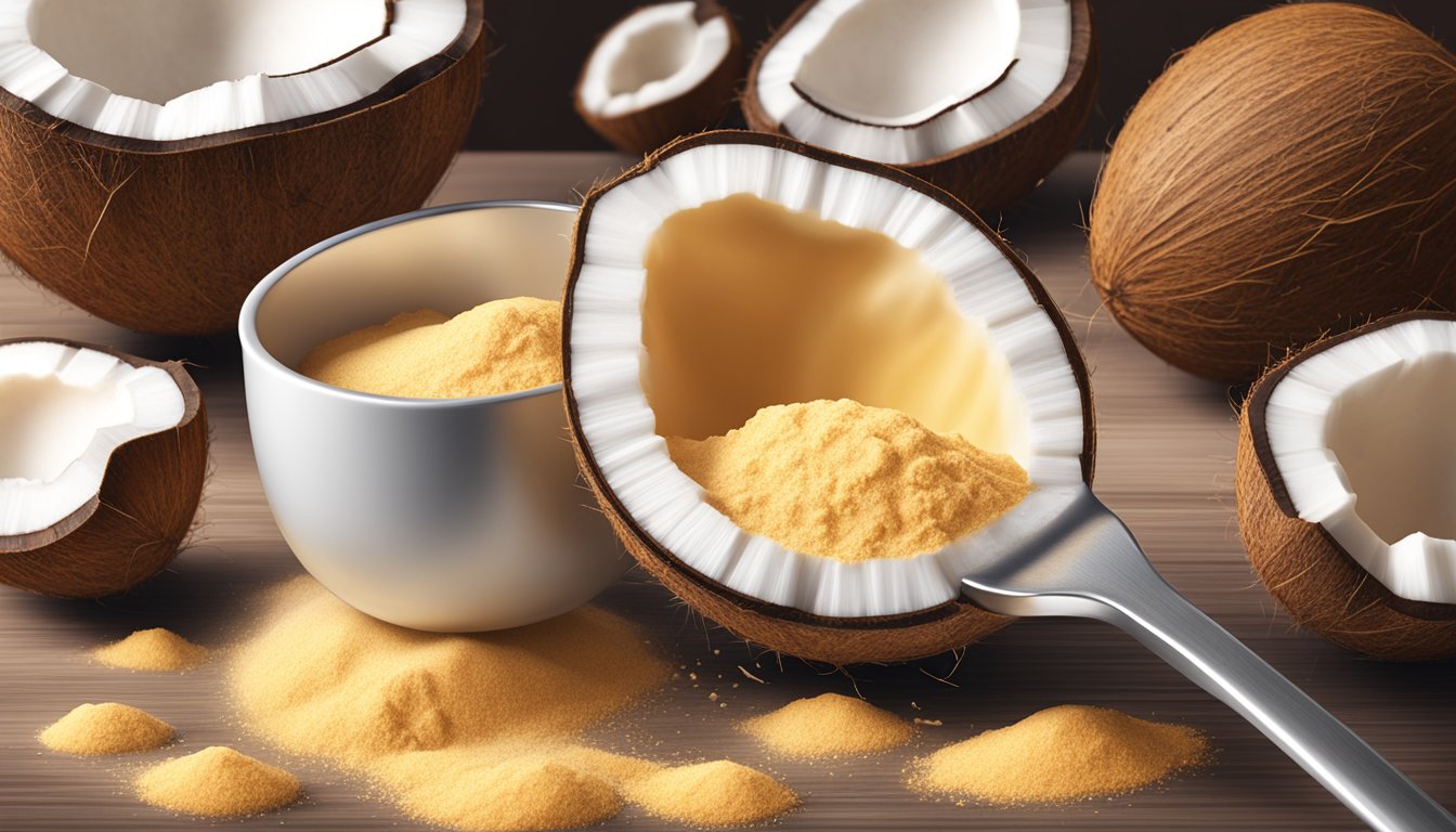 A pound of coconut flour pouring into a measuring spoon