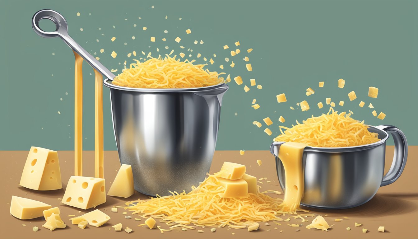 A pound of grated cheese spilling out of a measuring cup, with additional cups nearby