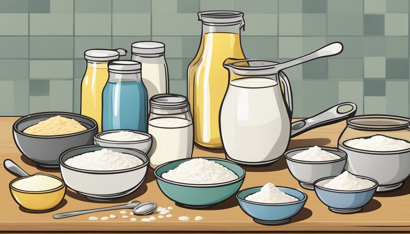 A countertop with bowls of flour, butter, and milk, along with measuring spoons and cups, ready to be used for a homemade biscuit recipe