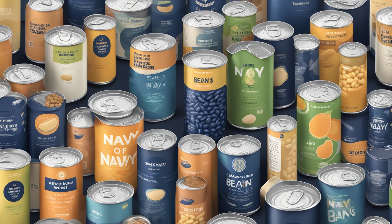 A can of navy beans sits next to other cans of different bean types, each labeled with their respective common can sizes