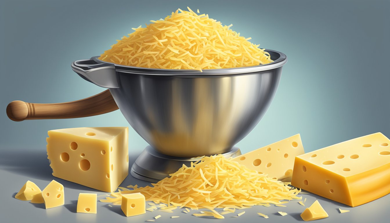 A pound of grated cheese spilling out of a measuring cup, with scattered cheese and a scale in the background