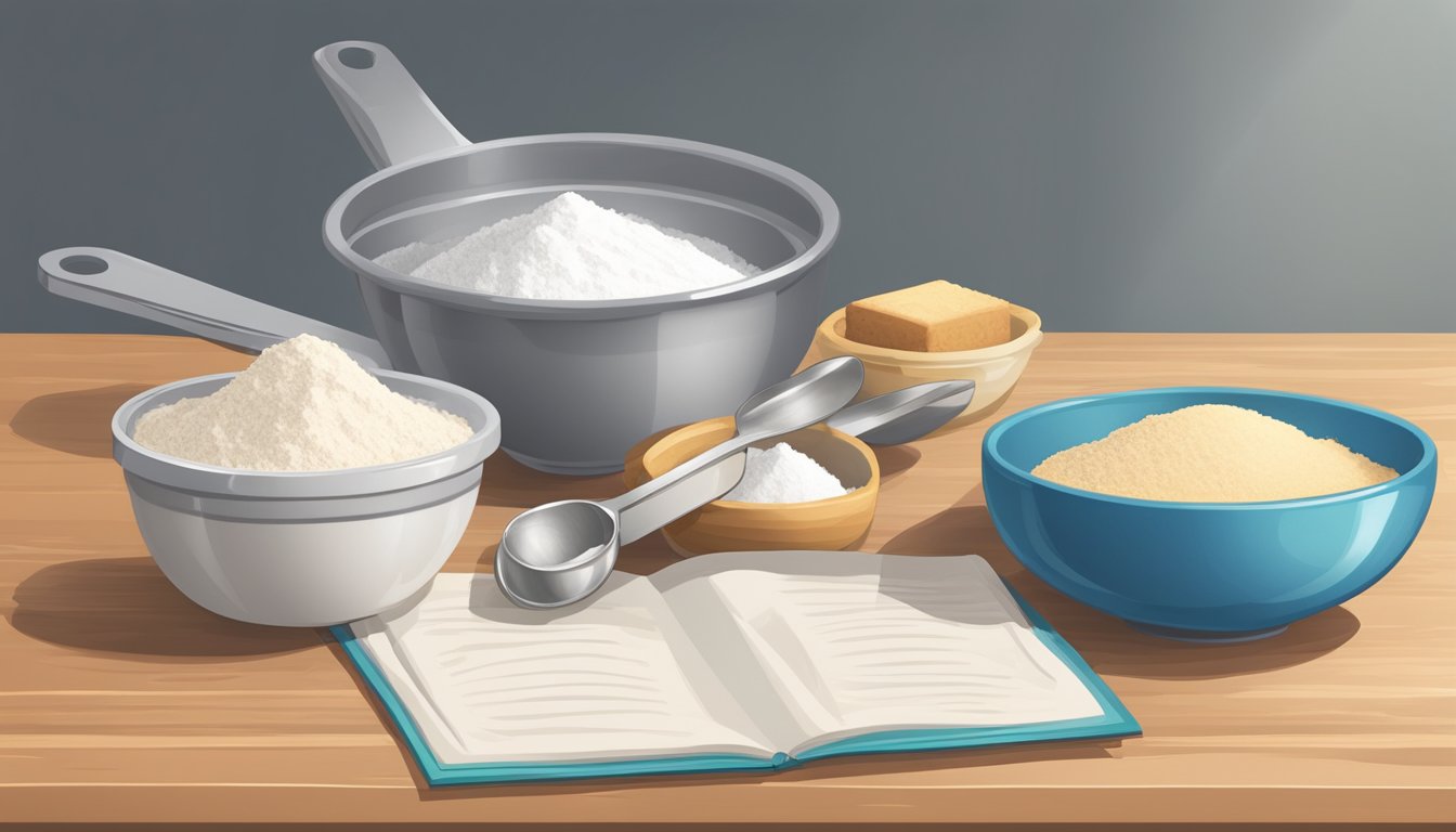 A set of measuring cups and spoons arranged next to a mixing bowl filled with flour, sugar, and baking powder, with a recipe book open to a biscuit recipe nearby