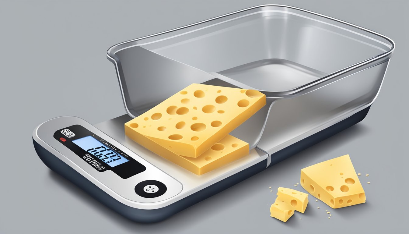 A digital scale displaying 1 pound of grated cheese in a measuring cup