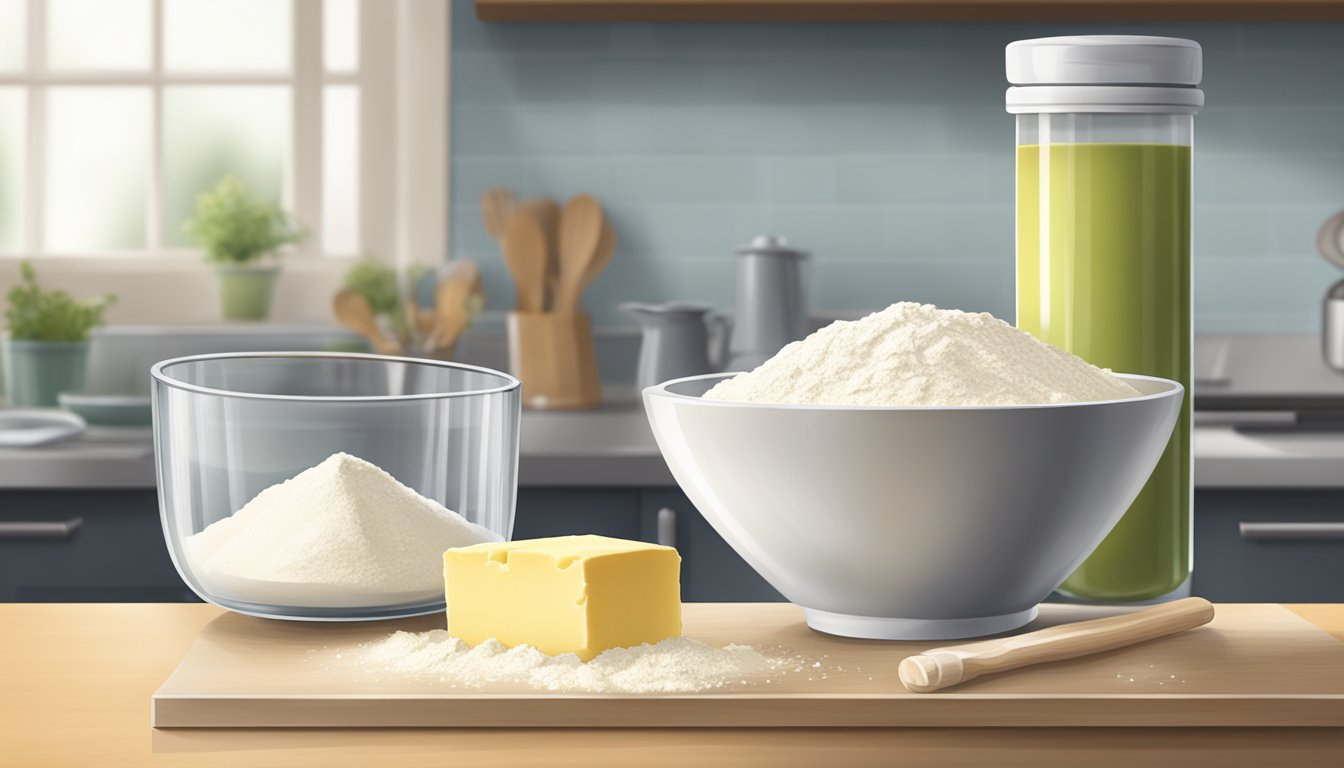 A bowl of flour, a block of butter, and a measuring cup on a kitchen counter