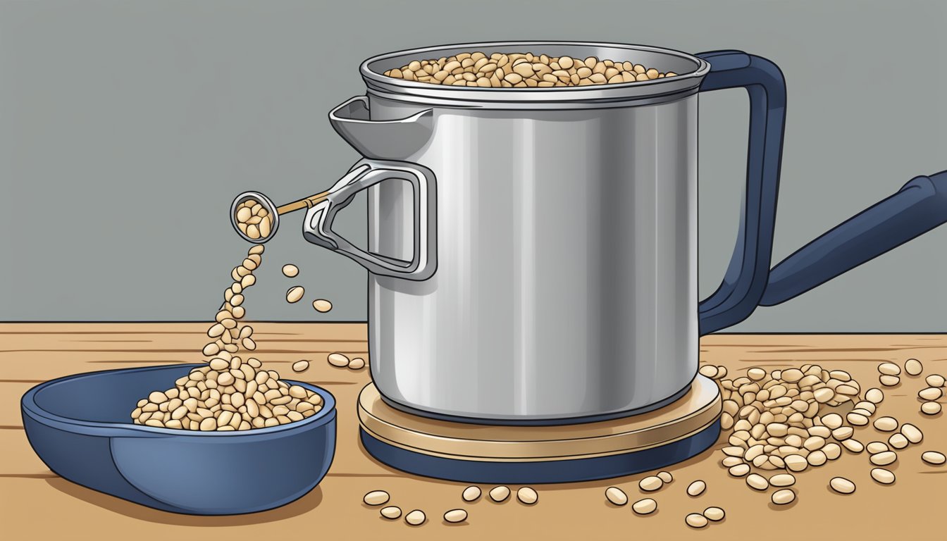 A can of navy beans being poured into a measuring cup, with the scale showing the conversion from ounces to cups