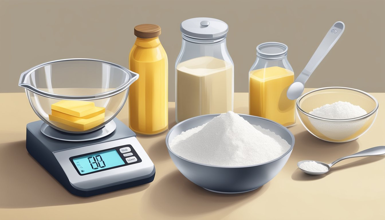 A kitchen scale with flour, sugar, and butter in separate bowls, a measuring cup, and a spoon on a clean countertop