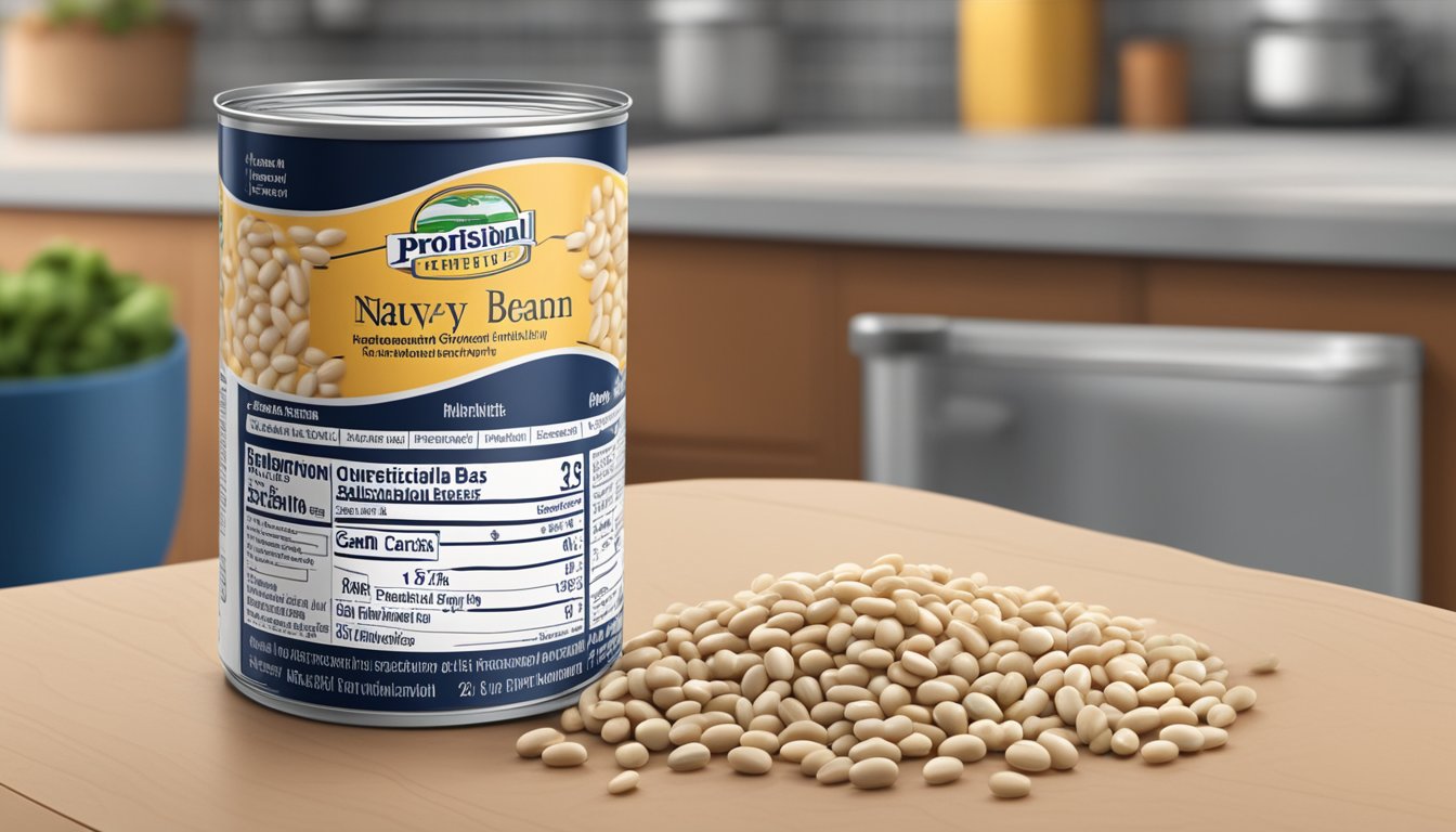 A can of navy beans sits on a kitchen counter, with a label displaying the nutritional information. The can is open, and some beans spill out onto the counter