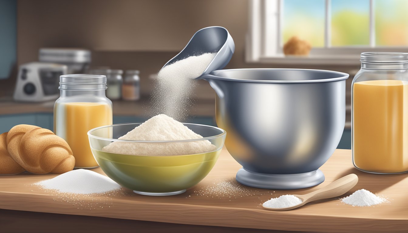 A measuring cup pouring flour into a mixing bowl, with a bag of sugar and a jar of baking powder nearby