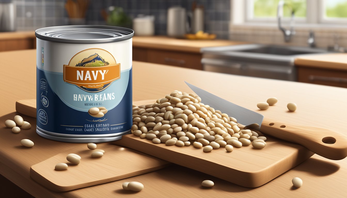 A can of navy beans sits open on a kitchen counter, with the beans spilling out onto a wooden cutting board