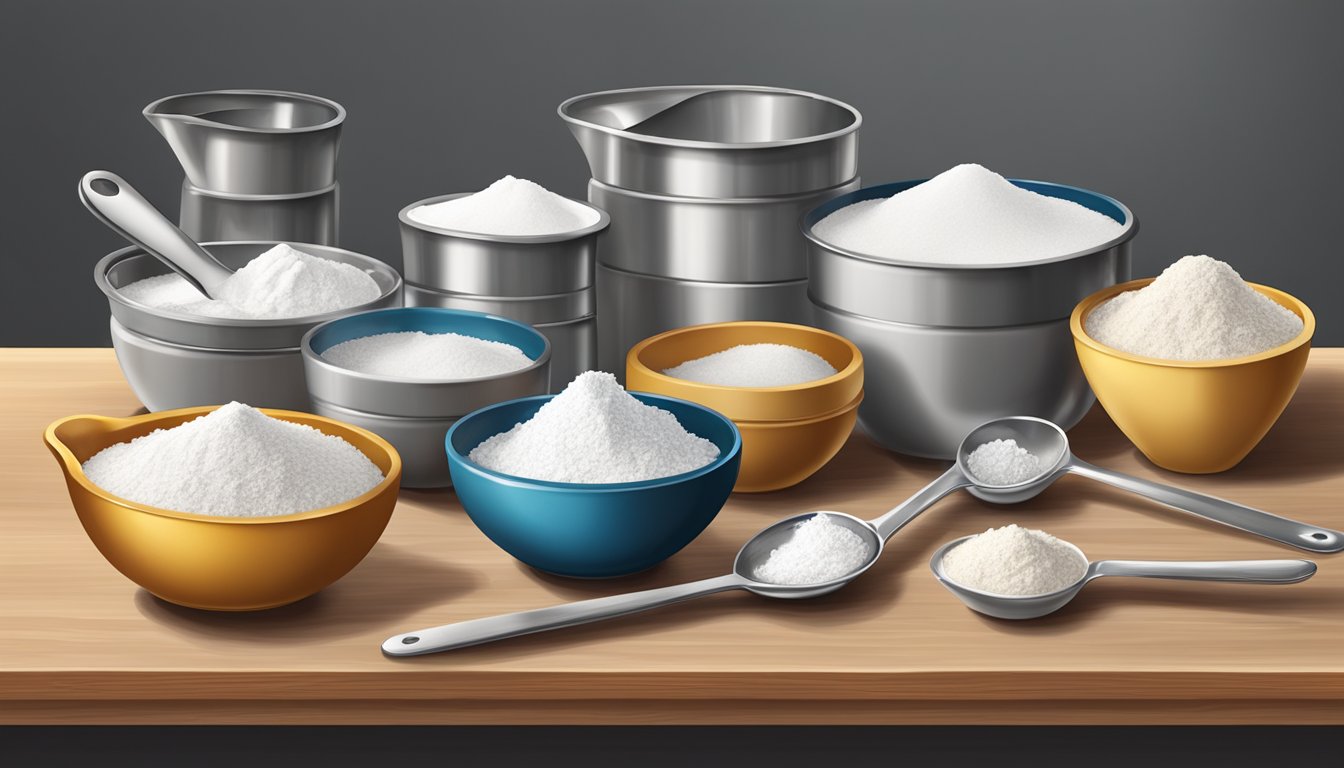 A set of measuring cups and spoons arranged neatly on a wooden countertop, surrounded by bowls of flour, sugar, and baking powder