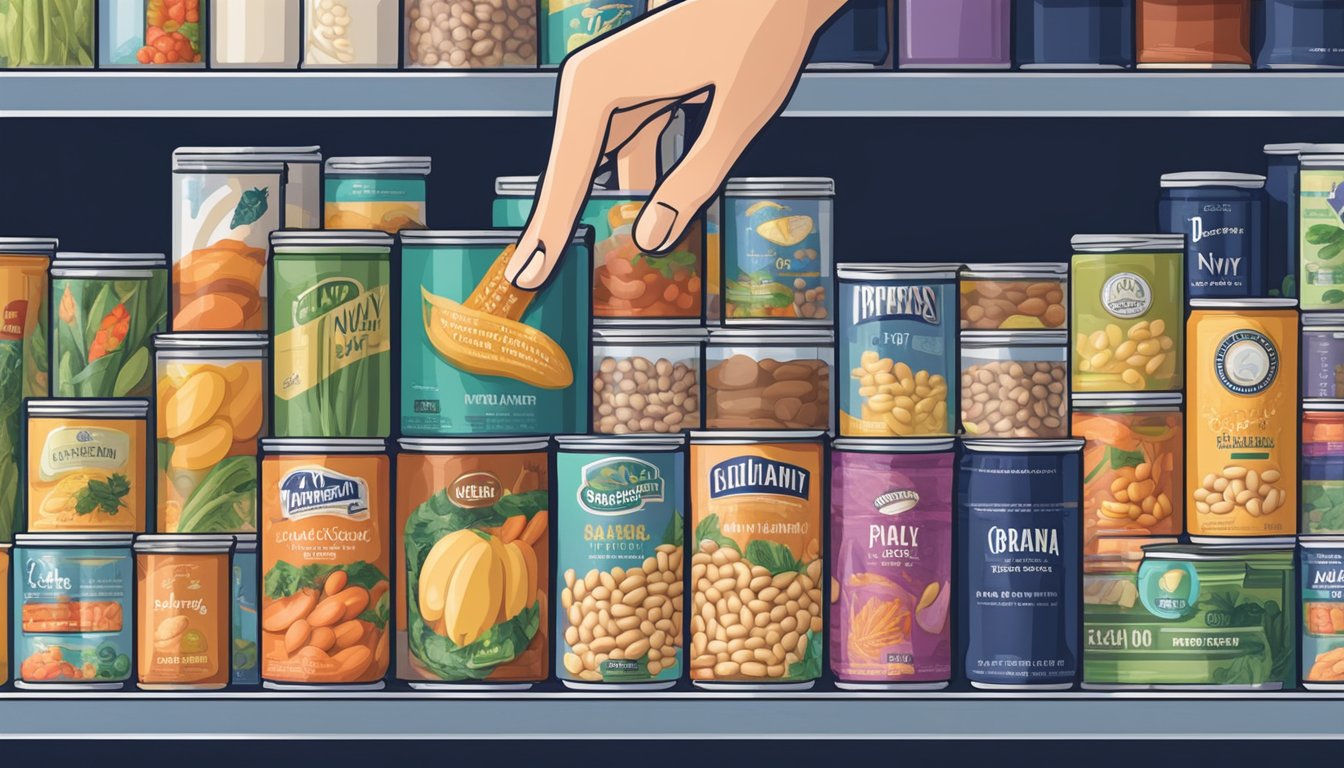 A hand reaching for a can of navy beans on a grocery store shelf, surrounded by various other canned goods