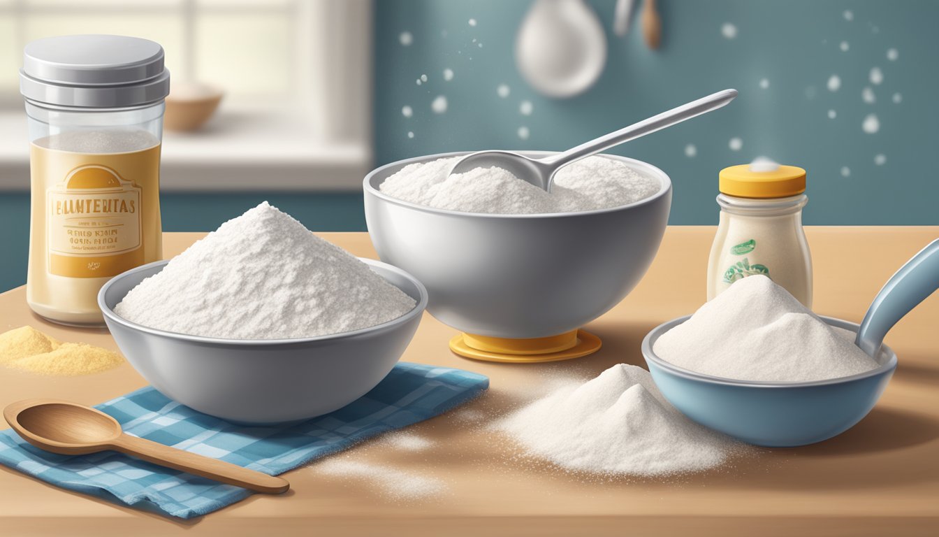 A kitchen counter with bowls of flour and sugar, a measuring cup pouring liquid, and a spoon leveling off a mound of baking powder