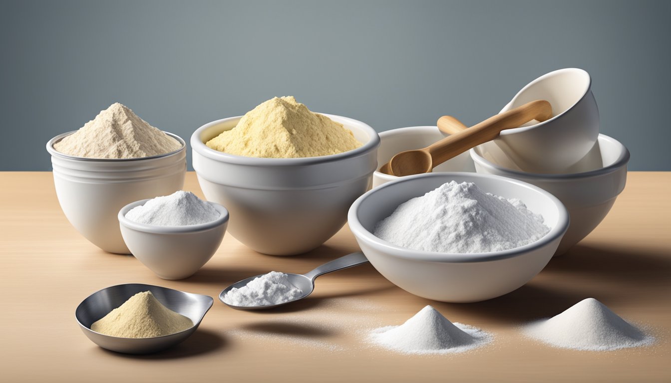 A set of measuring cups and spoons arranged next to a mixing bowl filled with flour, sugar, and other ingredients for biscuit dough