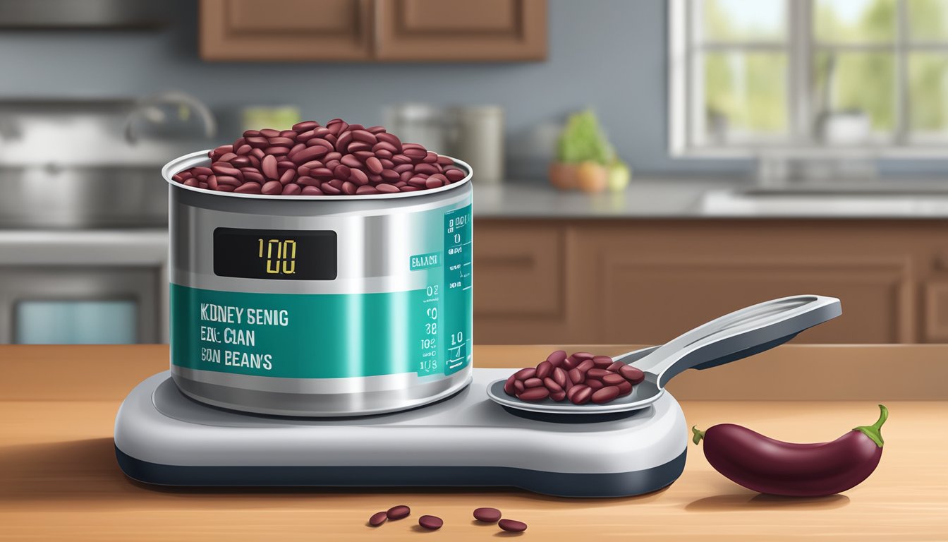 A can of kidney beans sits on a kitchen counter next to a measuring scale, with the weight displayed in ounces